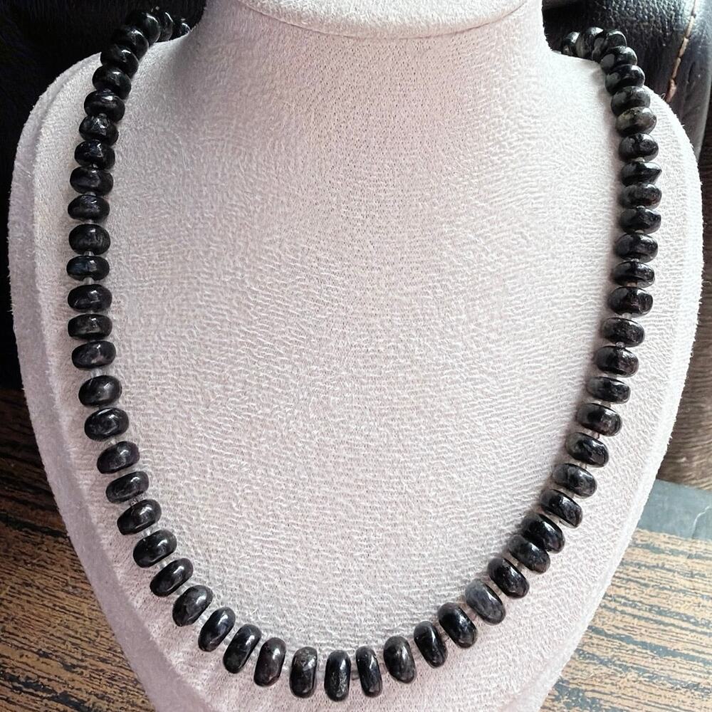 19.5" Beaded Gemstone Necklace, Larvikite, Black, White & Silver Clasp
